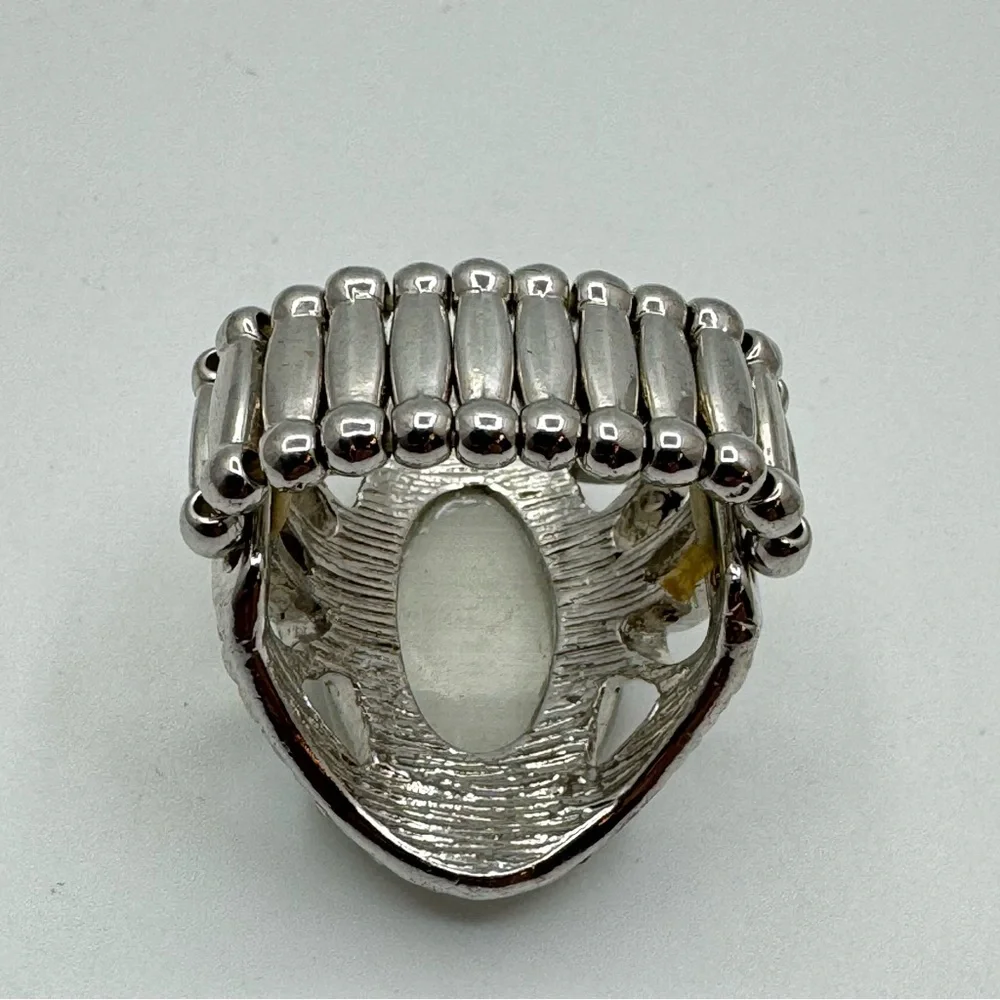 Silver Tone Cat’s Eye Stretch Statement Ring w/ Rhinestone Halo | Adjustable